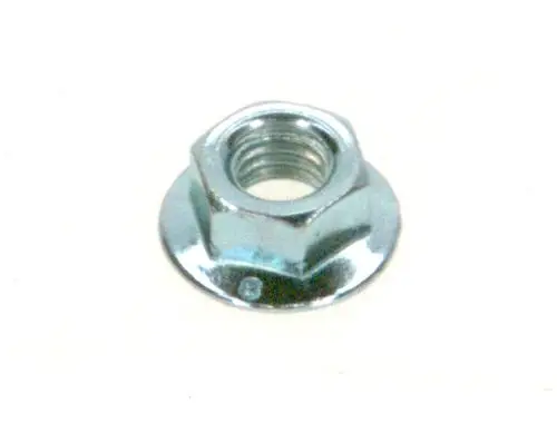 Verzahnte, selbsthaltende Mutter in Metalloptik von Bosch, mit einer sechseckigen Form und einem inneren Gewinde, auf hellem Hintergrund abgebildet.